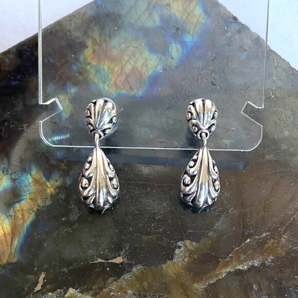 Sterling Silver 925 1" Scrollwork Dot Teardrop Pierced Dangle Drop Earrings - Picture 12 of 16